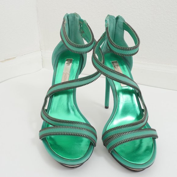 BCBGMaxAzria Green Satin Zipper Detail Size 7 1/2 B Strappy High Heel Shoes - Picture 7 of 13